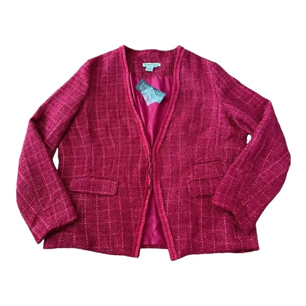 NWT WinterSilks red silk Multi Woven tweed collarless blazer coat size XL